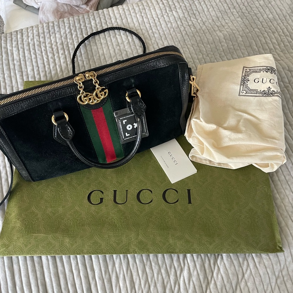 Gucci Ophidia Black Suede Boston Bag